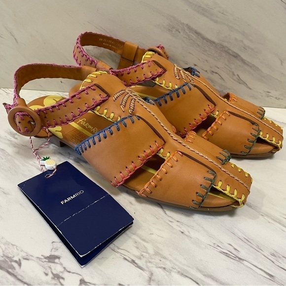 Farm Rio Women's Caramel Palm Tree Sandal Brown Boho Colorful US 6.5 NWT. - Picture 2 of 9